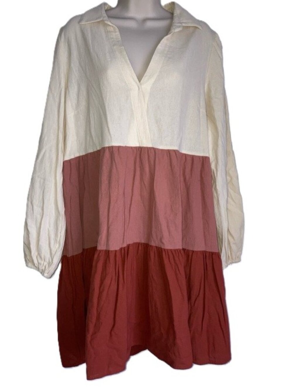 Simply Southern Tiered V-Neck Collared Colorblock Dress Cream, Rose, Rust Medium